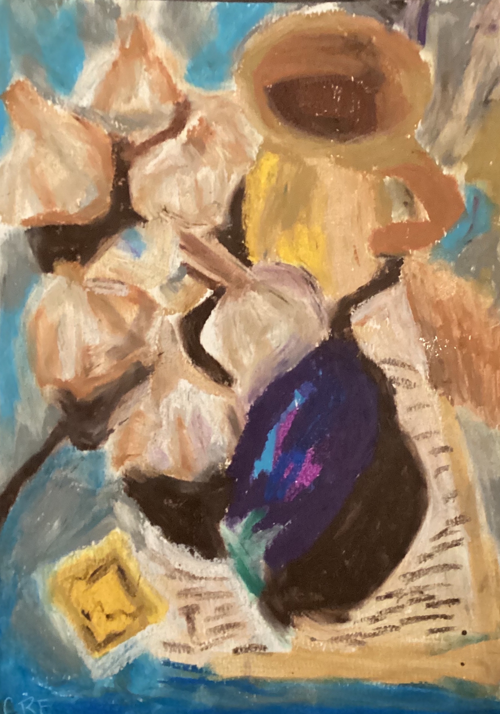 Garlic and eggplant still life — original oil pastel