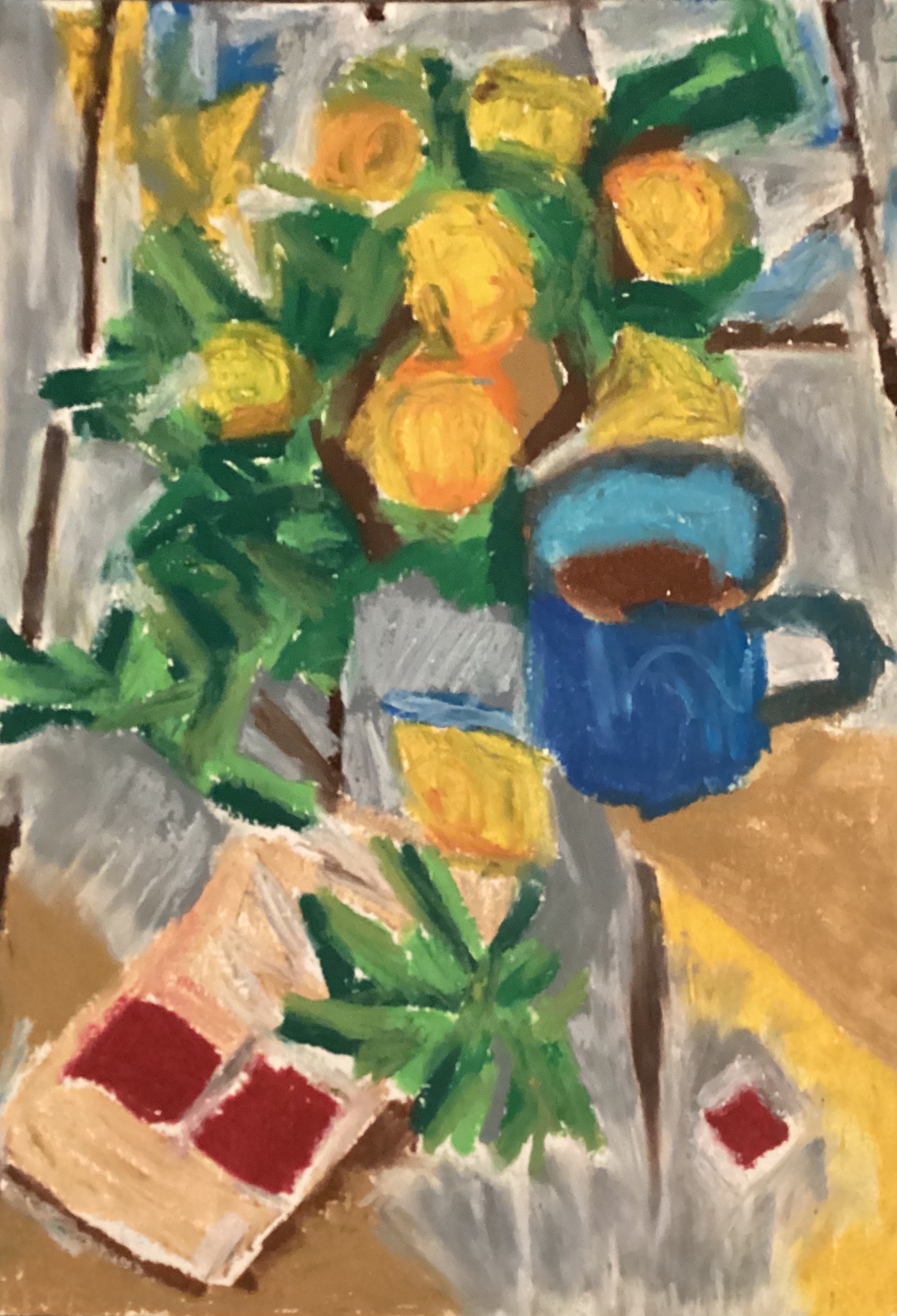 Farmhouse table still life — original oil pastel