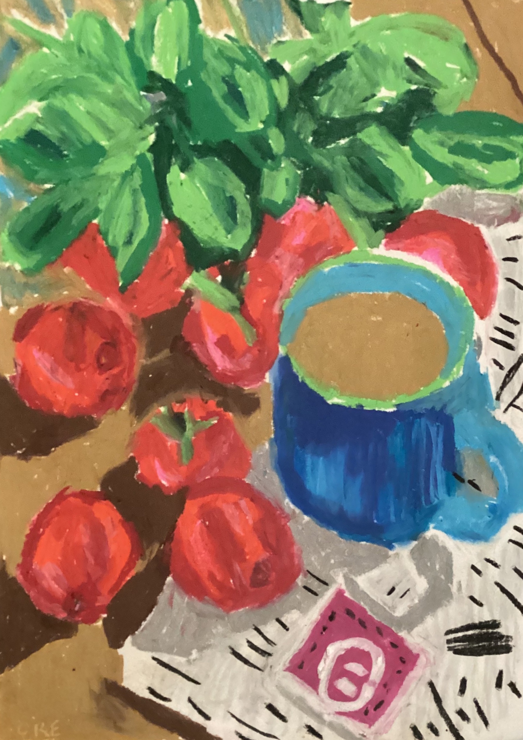 Tomatoes and basil on a farmhouse table — original oil pastel