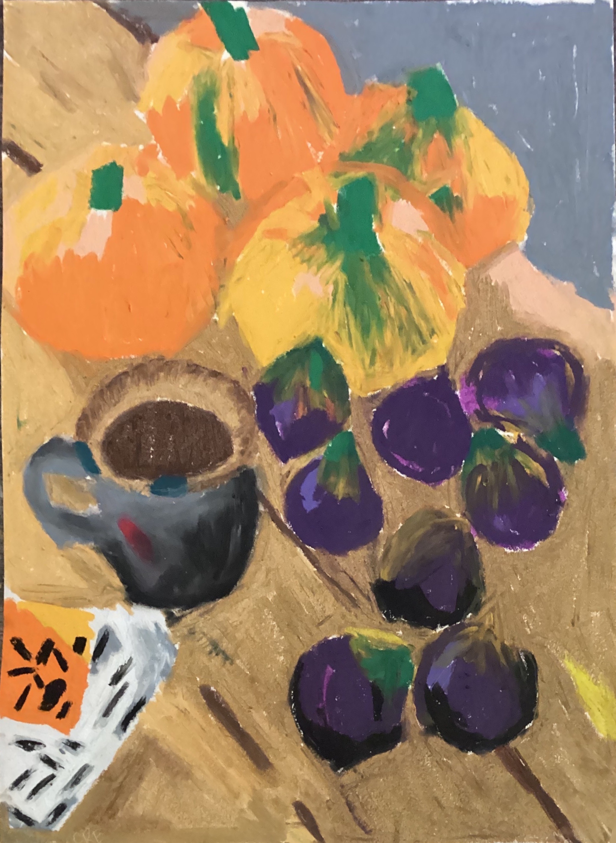 Garden harvest on worn farmhouse table — original oil pastel